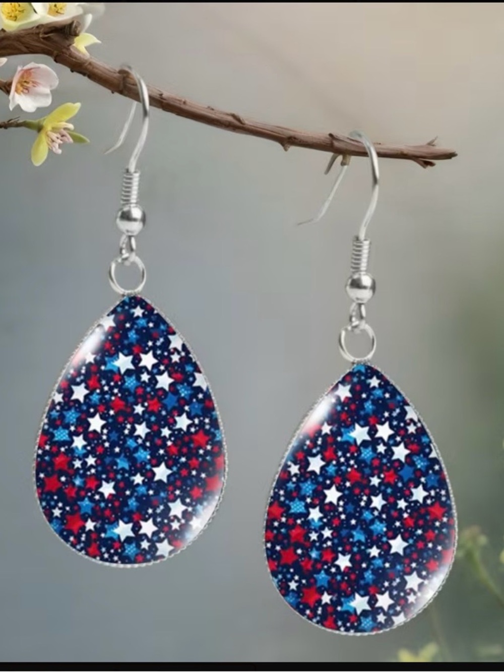 Patriotic Star Teardrop Earrings - Navy Blue & Red - Picture 2 of 3